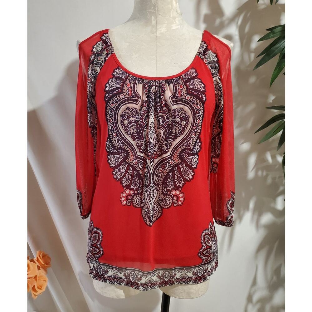 INC International Concepts Mesh Silver Studded Cold Shoulder Top Size S Boho Red